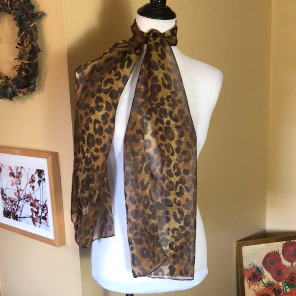 VINTAGE Cheeta Print Scarf Made in Italy Animal Print + Gold Stripe 62’x14.5” - Picture 3 of 16
